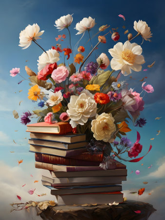 Bouquet of flowers and books on a background of blue skyの素材