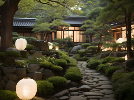 Japanese garden with japanese style lanterns and stone walkwayの素材