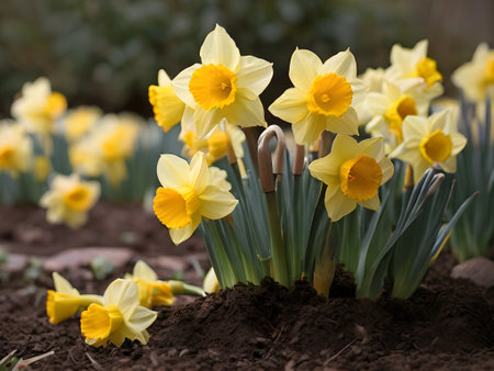 Yellow daffodils in the garden. Spring flowerbed.の素材