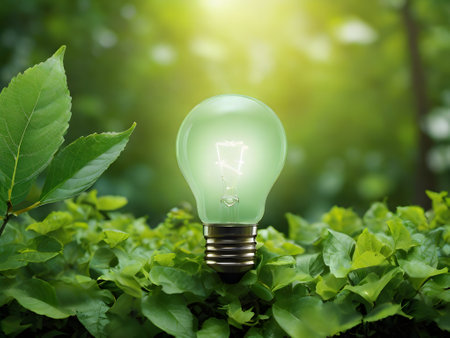 Energy saving light bulb on green leaf background. Green energy concept.の素材