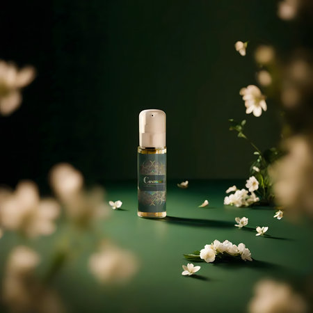 Cosmetic bottle with hydrating serum and jasmine flowersの素材
