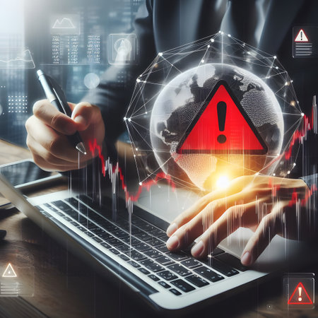 Businessman working with laptop and digital interface with exclamation mark. Global business concept. Double exposureの素材