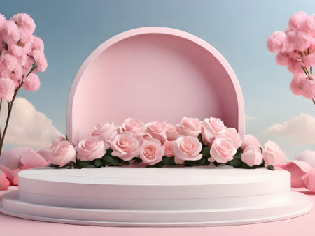 3d render of round podium with pink roses on sky background.の素材