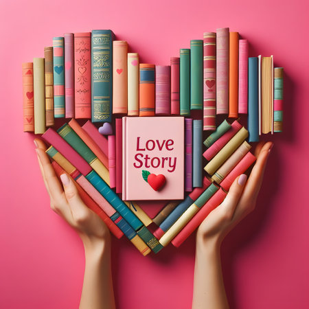 Female hands holding a book in the shape of a heart on a pink backgroundの素材