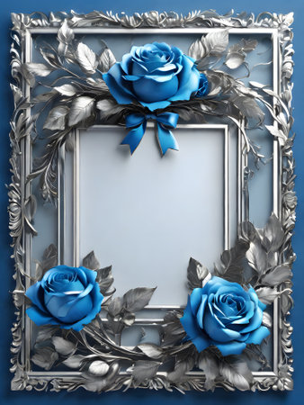 Blue roses and silver frame on blue background. Flat lay, top viewの素材