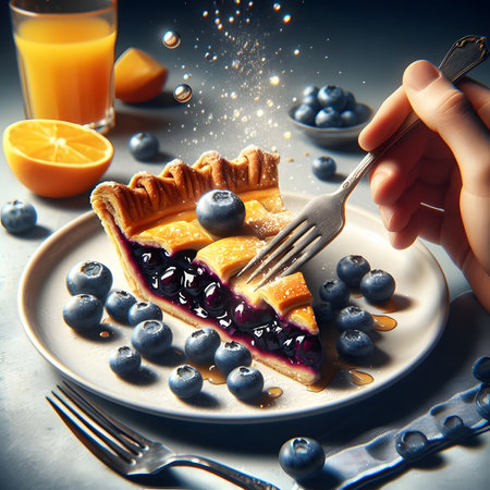 Delicious blueberry tart with fresh berries and orange juice on gray backgroundの素材