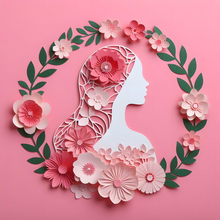 Paper cut of woman face with floral frame on pink background. 3d renderingの素材