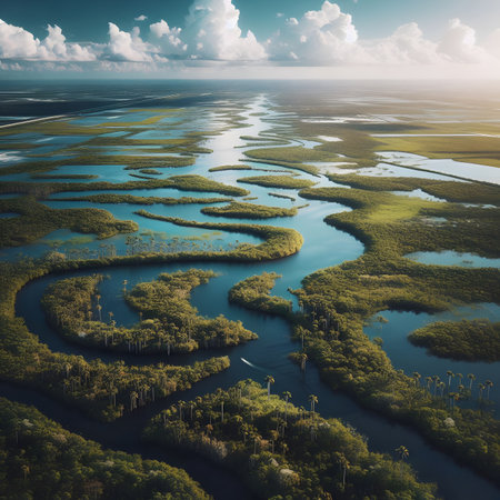 Aerial view of swamp and blue sky with clouds. Nature composition.の素材