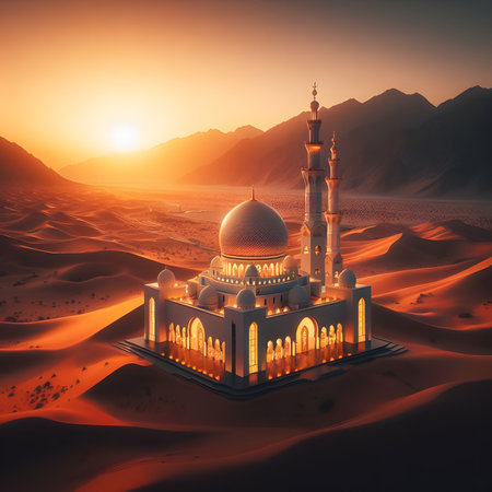 Mosque in the desert at sunset. 3d render illustration.の素材
