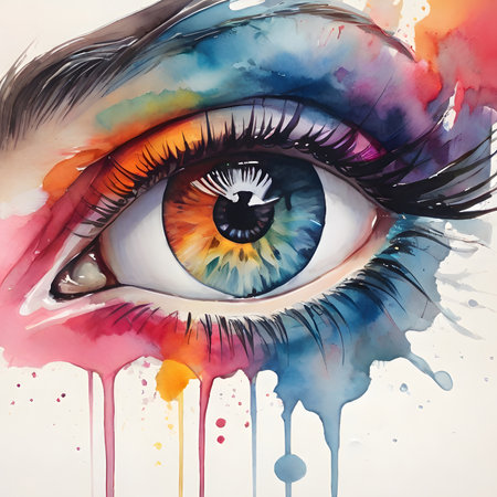Watercolor illustration of an eye with multicolored paint splashesの素材