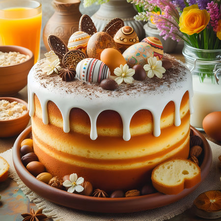 Easter cake with chocolate eggs and gingerbread cookies, selective focusの素材