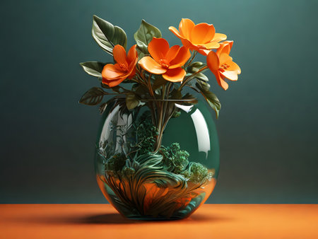 Orange flowers in a glass vase on a blue background. 3d renderingの素材