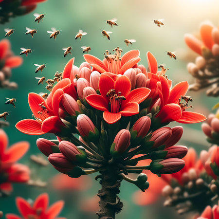 Beautiful red flower with bees in the garden. Toned.の素材