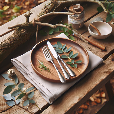 Elegant table setting with eucalyptus leaves and cutleryの素材