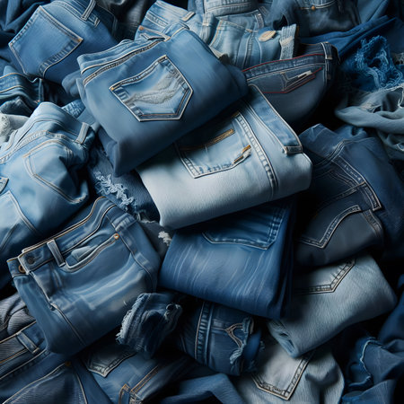 stack of blue jeans background, fashion and shopping concept, close upの素材