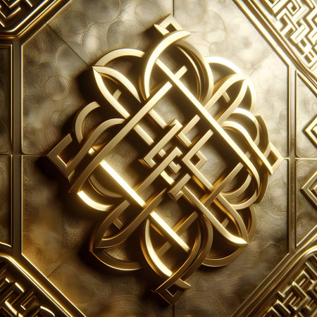 3D illustration of a golden background with a pattern of Celtic knotsの素材