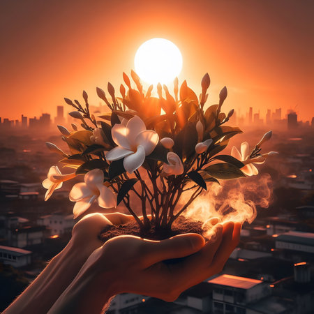 Bouquet of flowers in the hands of a man against the background of the sunsetの素材