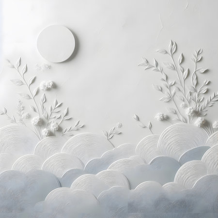 3d rendering, white paper cut flowers and round plate on white backgroundの素材