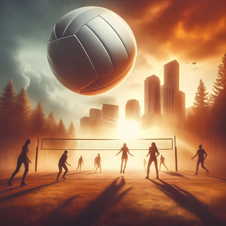 Volleyball in the city at sunset. 3d illustration.の素材