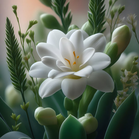 White freesia flower with green leaves on blurred background. 3d renderingの素材