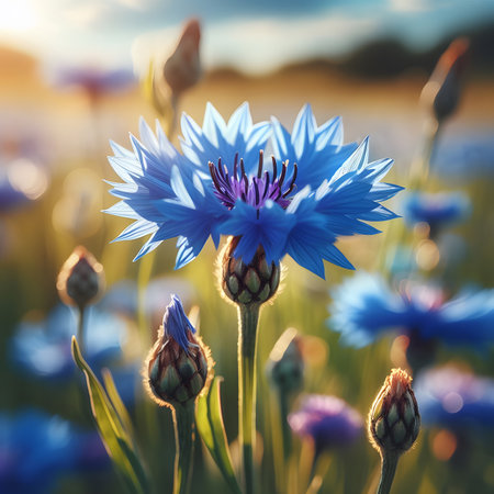 Blue cornflowers in the meadow at sunset. Selective focus.の素材