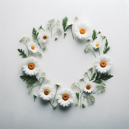 Flowers composition. Wreath made of chamomile flowers on white background. Flat lay, top view, copy spaceの素材