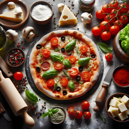 Pizza with mozzarella cheese, tomatoes and basil on a dark backgroundの素材