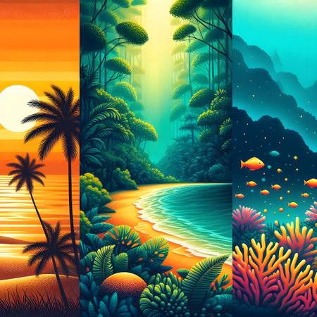 Tropical beach and palm trees at sunset, vector illustration.の素材
