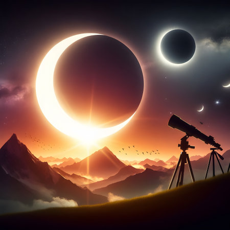 Silhouette of telescope on the background of the mountains and the moonの素材