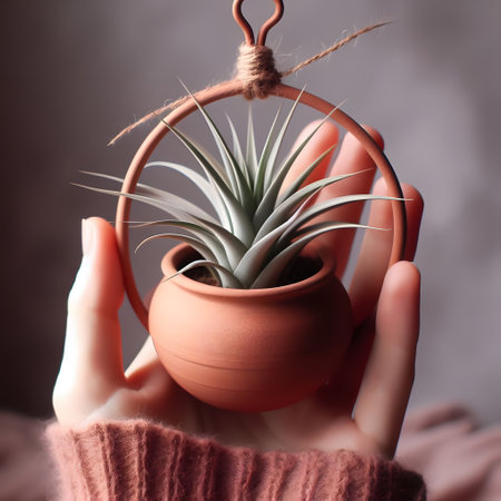 Woman holding pot with succulent plant on grey background, closeupの素材