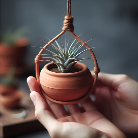 Cactus in a pot in the hands of a girl on a gray backgroundの素材