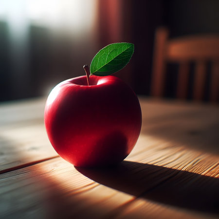 Red apple with green leaf on a wooden table in the sunlight.の素材