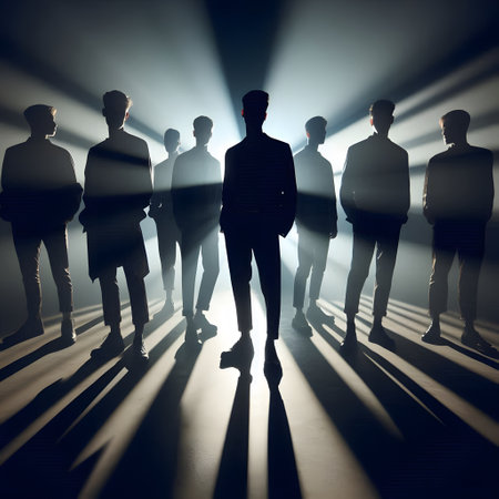 Silhouettes of a group of business people against a dark backgroundの素材