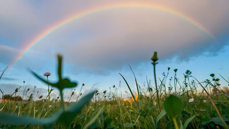 Rainbow over a meadow with grass and flowers in the foregroundの素材