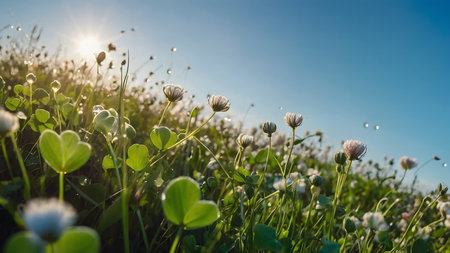 White clover flowers on the meadow in the rays of the setting sunの素材