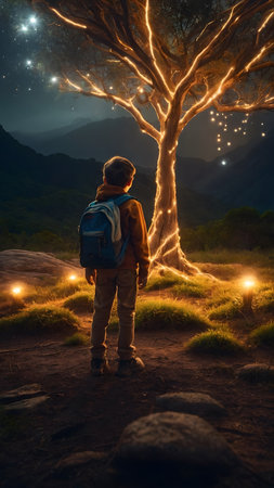 A boy with a backpack looks at the starry sky through a tree.の素材