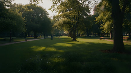 beautiful green park with trees and benches on the lawn at sunsetの素材