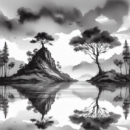 Watercolor mountain landscape with pine trees and lake in black and whiteの素材