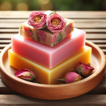 Soap with rose flowers on wooden table, closeup. Spa treatmentの素材