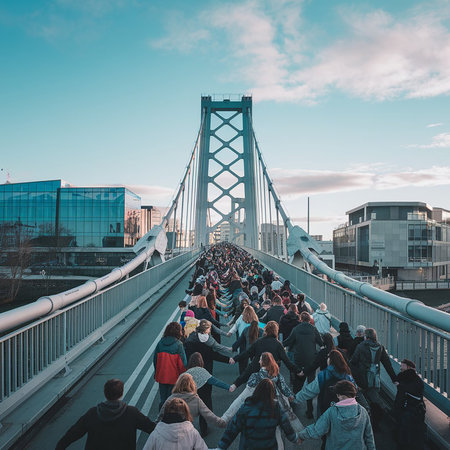 People walking on the footbridge in London.の素材