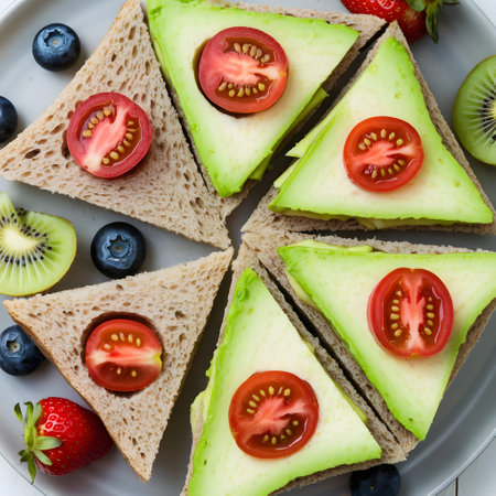 Healthy sandwiches with avocado, strawberry, blueberry and kiwiの素材