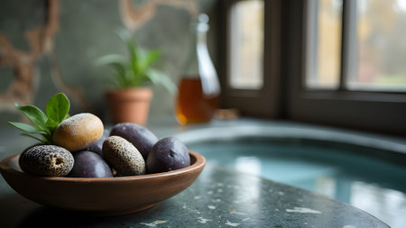 Easter eggs in a ceramic bowl on a stone table. Selective focus.の素材