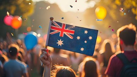 Unrecognizable young woman with Australian flag waving in the air at a music festivalの素材