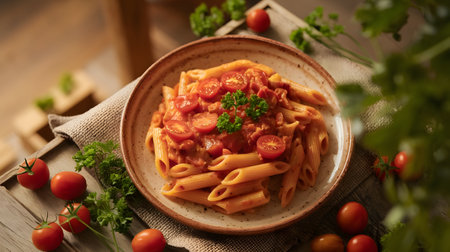 Tasty appetizing classic Italian pasta with a delicious tomato sauce.の素材