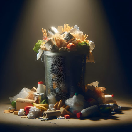 Garbage bin full of garbage on dark background. Recycling conceptの素材