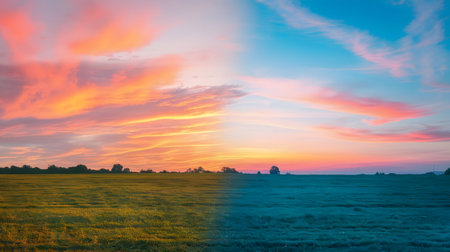 Sunset over a field with grass and trees in the background.の素材