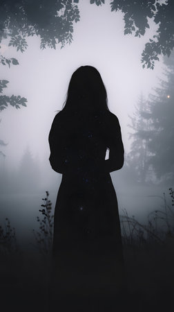 Silhouette of a girl in a dark forest in the fogの素材