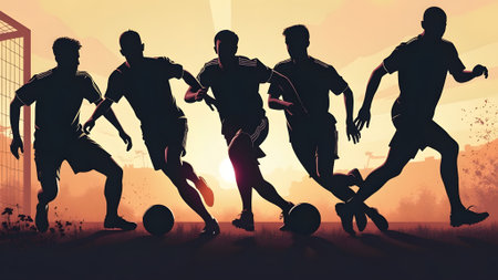 Silhouettes of soccer players in action at sunset. Vector illustrationの素材