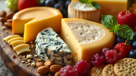 Cheese platter with different types of cheese, close-upの素材