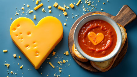 Tomato sauce in a bowl with cheese on a blue background.の素材